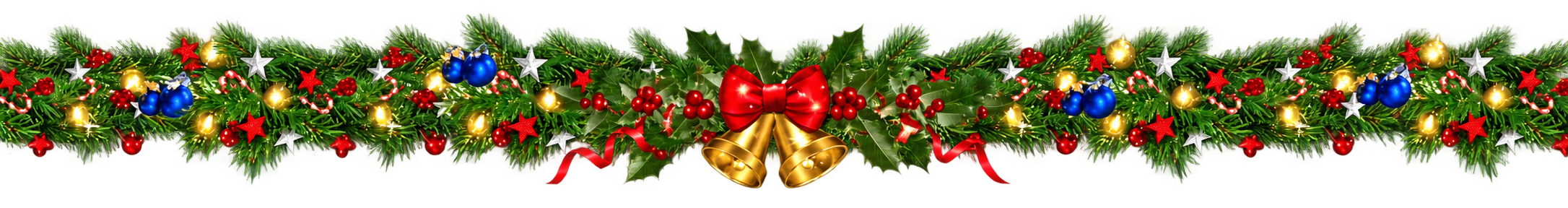 Christmas garland with a red bow, gold bells and ornaments