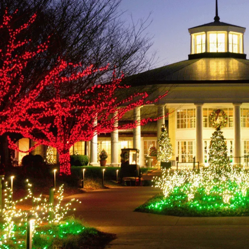 Clubhouse with red-wrapped trees and lit landscaping for the holidays